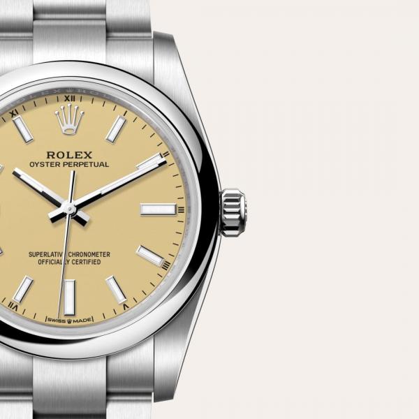 Roleex Oyster Perpetual 41 Silver Chain Beige Dial