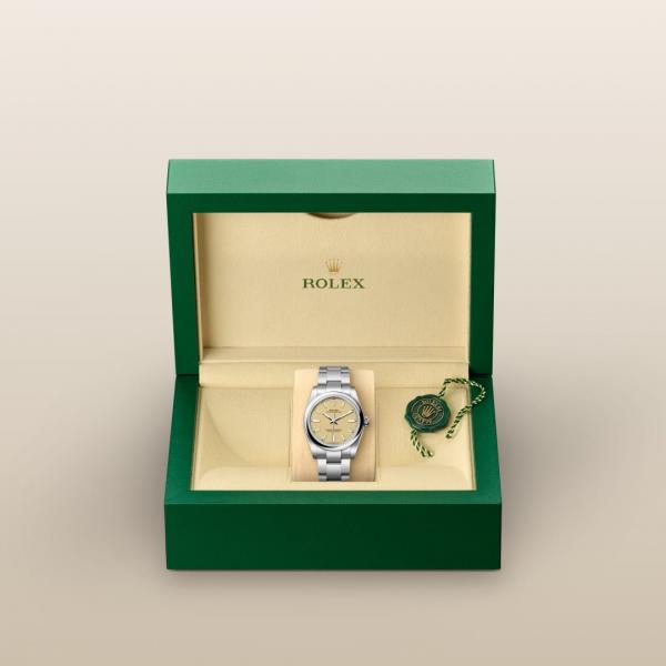 Roleex Oyster Perpetual 41 Silver Chain Beige Dial