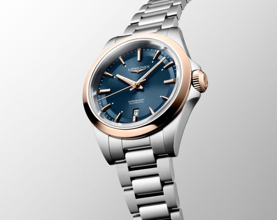 Longinees Conquest Automatic Silver Chain Sunray Blue Dial Rose Gold Tone
