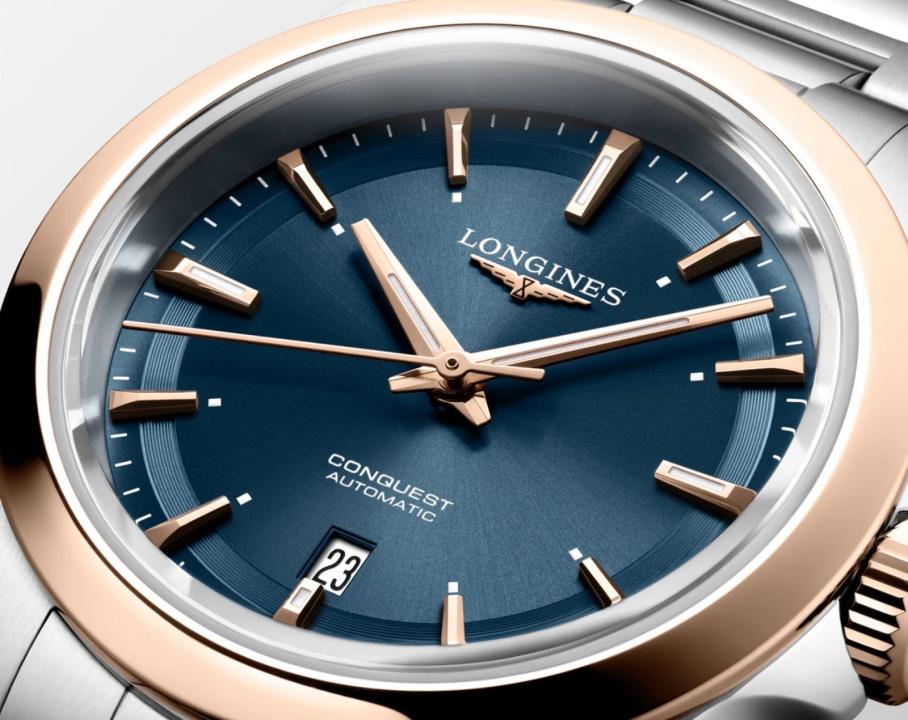Longinees Conquest Automatic Silver Chain Sunray Blue Dial Rose Gold Tone