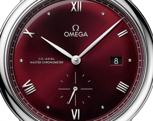 Omegga De Ville Prestige Co-Axial Chronometer Small Second Timepiece Silver Wine Burgundy Dial
