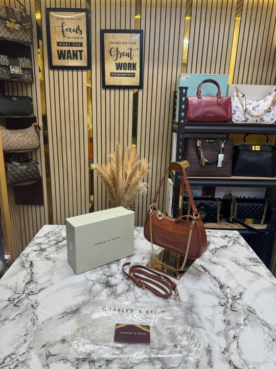 Charle & Keith Croc-Embossed Shoulder Bag With Original Box And Strap (Brown) (972-1)