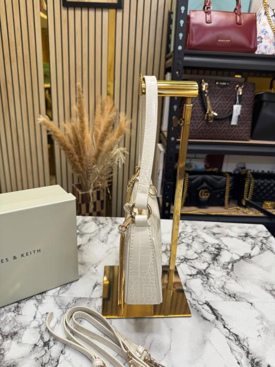 Charle & Keith Croc-Embossed Shoulder Bag With Original Box And Strap (White) (972-1)