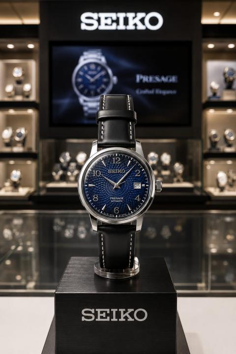 Seiko Presage Cocktail Time Old Clock Black Leather Strap Blue Dial