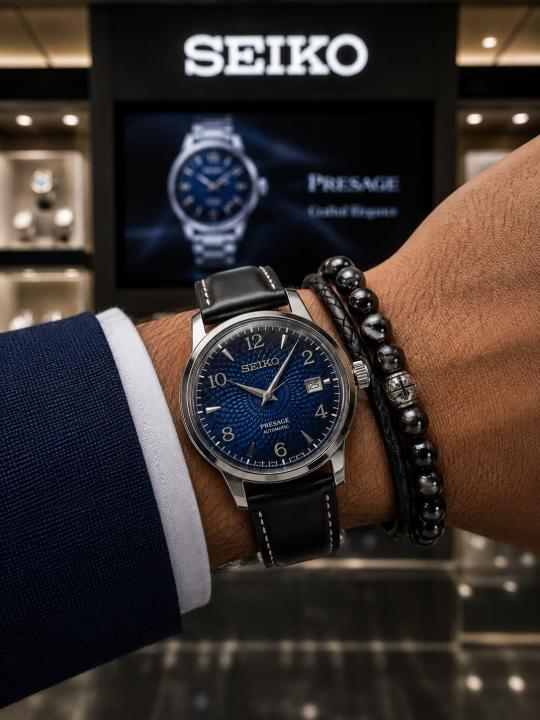 Seiko Presage Cocktail Time Old Clock Black Leather Strap Blue Dial