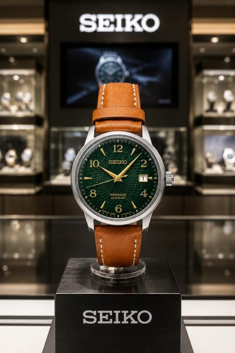 Seiko Presage Cocktail Time Old Clock Brown Leather Strap Green Dial