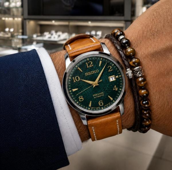 Seiko Presage Cocktail Time Old Clock Brown Leather Strap Green Dial