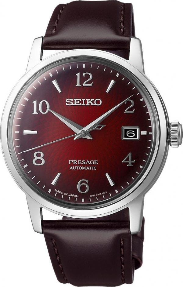 Seiko Presage Cocktail Time Old Clock Brown Leather Strap Red Dial
