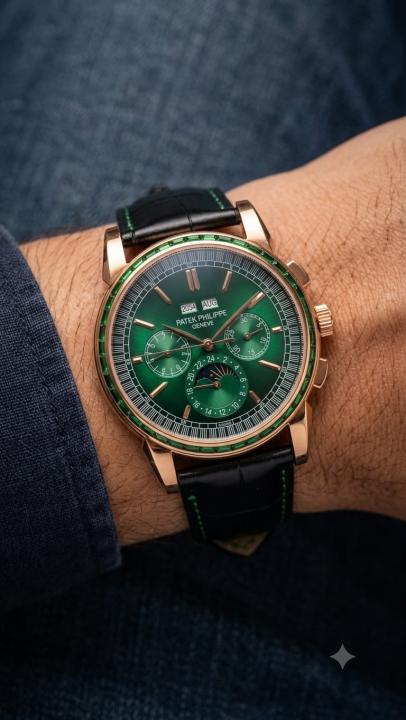 Patek Philipe Grand Complications Style Green Dial Rose Gold Toned And Black Leather Strap