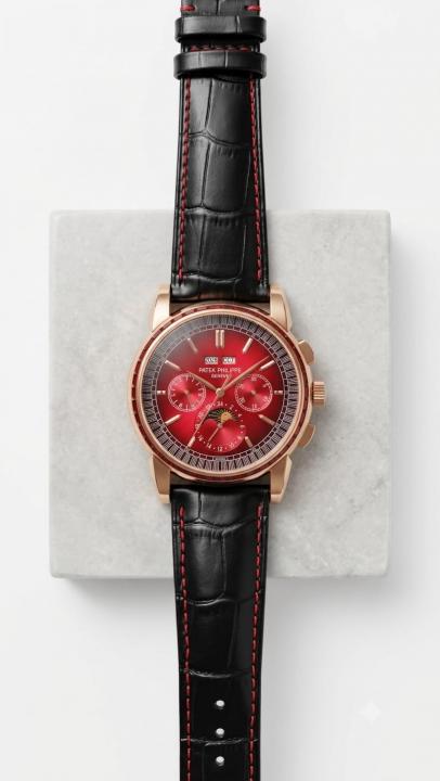 Patek Philipe Grand Complications Style Red Dial Rose Gold Toned And Black Leather Strap