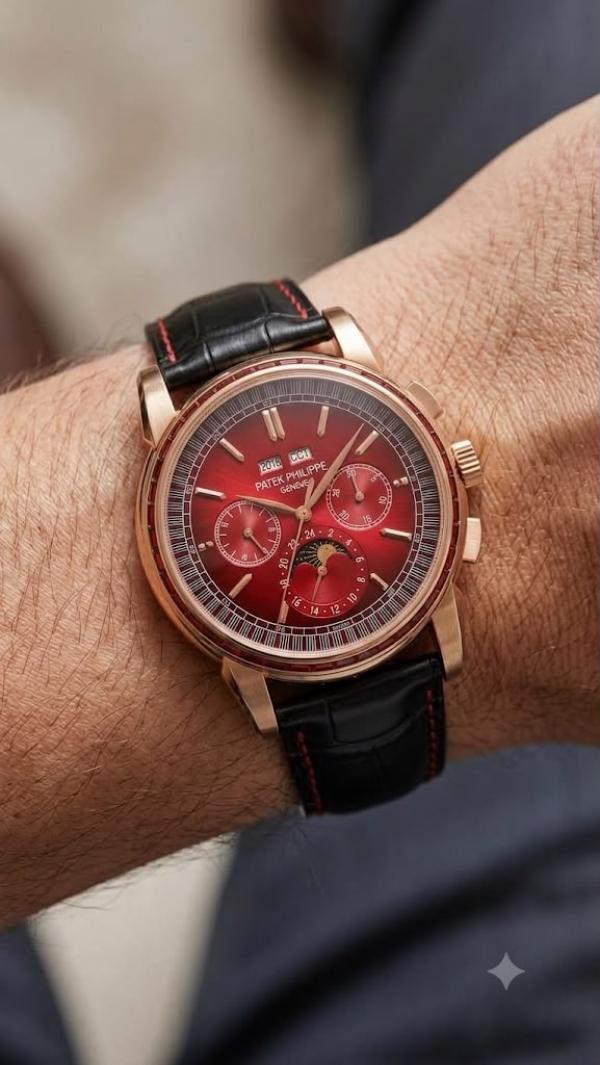 Patek Philipe Grand Complications Style Red Dial Rose Gold Toned And Black Leather Strap