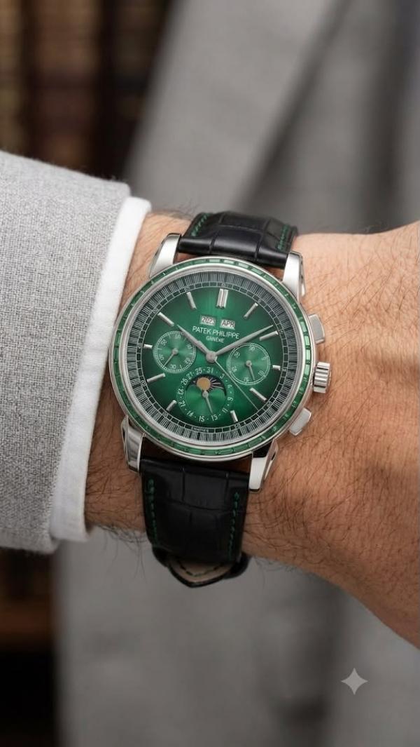 Patek Philipe Grand Complications Style Green Dial Black Leather Strap
