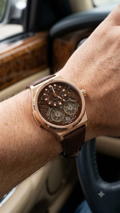 Patek Philipe Automatic Skeletonzed Brown Leather Strap Rose Gold Toned