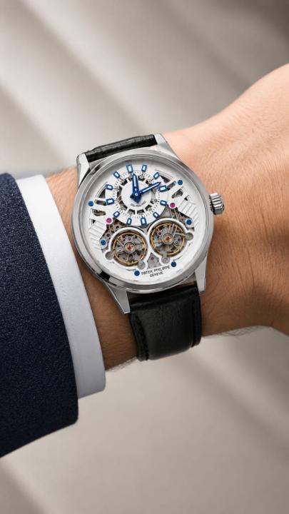 Patek Philipe Automatic Skeletonzed Black Leather Strap White Dial