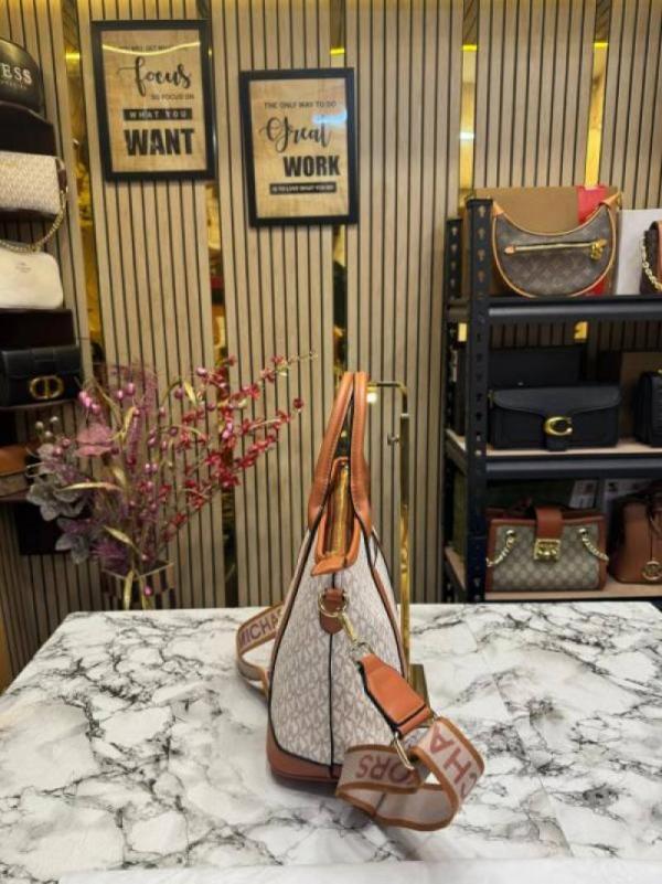 Michael Korrs Logo Signature Satchel Handbag With Dust Bag (Beige) (V-24002)