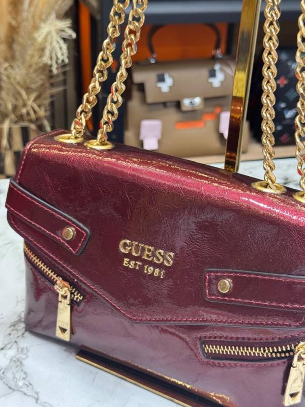 Guess Trissa Glossy Convertible Flap Crossbody Bag With Box And Dust Bag (Maroon) (8096)