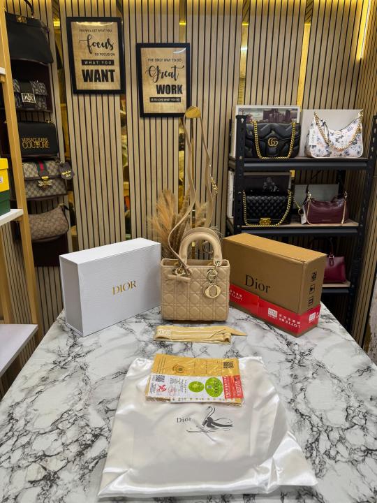 Dio Lady Cannage Bag with Scarf Including Double Og Box & Dust Ba (Apricot)