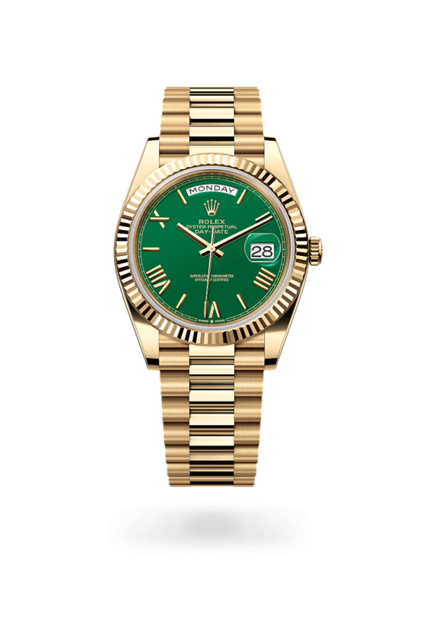 ROLEEX OYSTER PERPETUAL ROLE EX DAY DATE ZR GOLD GREEN DIAL HVY 51