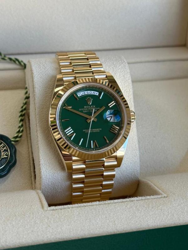 ROLEEX OYSTER PERPETUAL ROLE EX DAY DATE ZR GOLD GREEN DIAL HVY 51