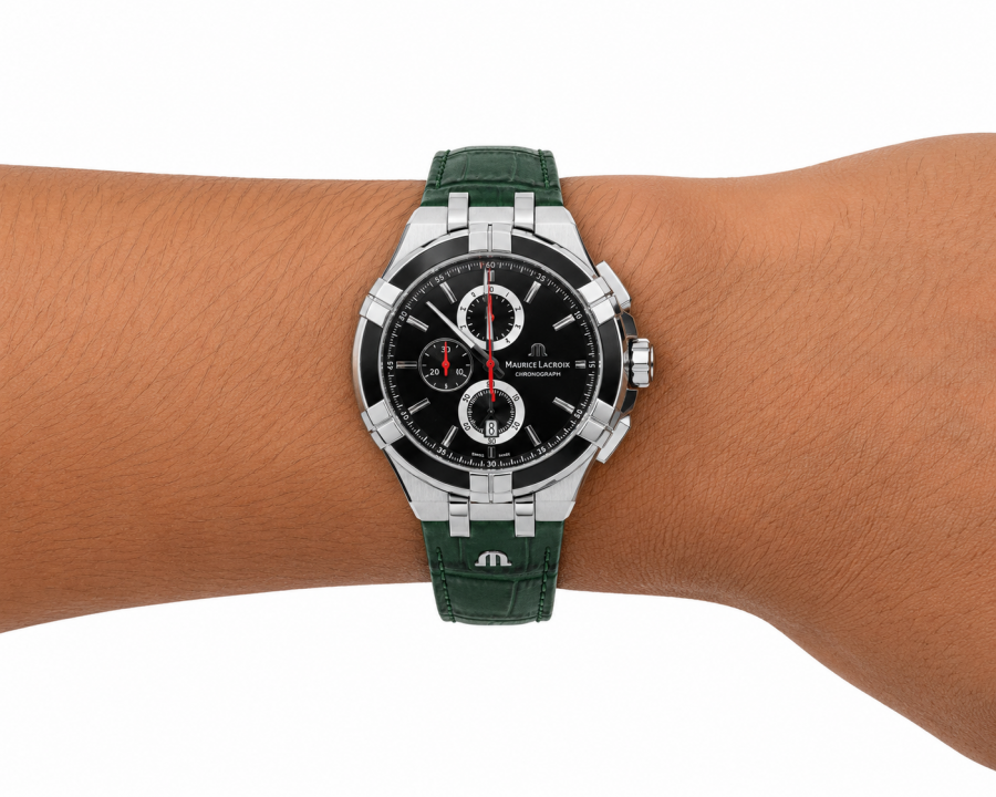 Maurice Lacroix Aikon Chronograph Green Leather Strap Black Dial