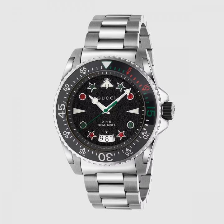Guccci Dive Stainless Bee Japan Silver Black Dial