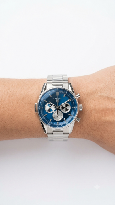 Tag Heueer Carrera style chronograph Silver Striking Blue Dial