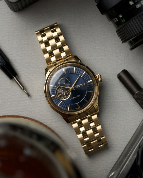 Seiko Presage Cocktail Time Open Heart Automatic gold blue