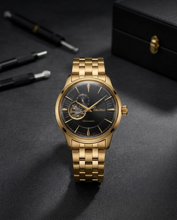 Seiko Presage Cocktail Time Open Heart Automatic gold black