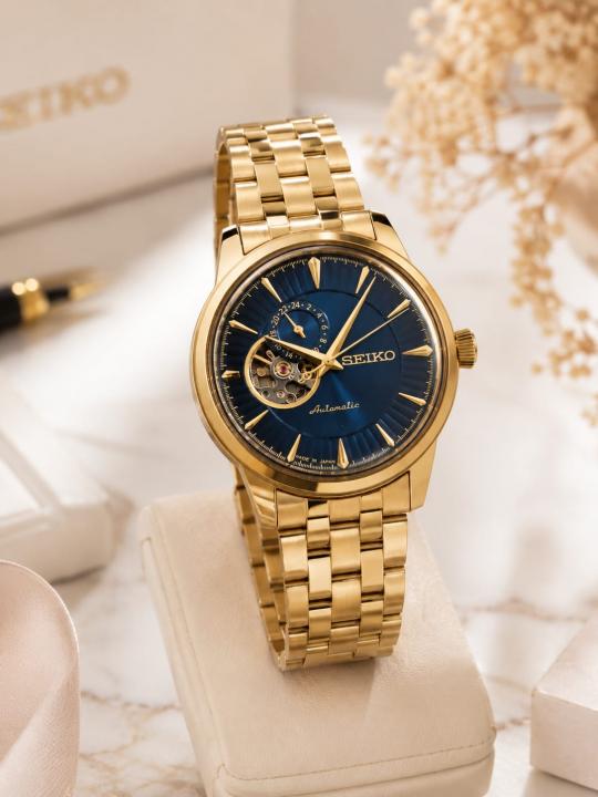 Seiko Presage Cocktail Time Open Heart Automatic gold blue