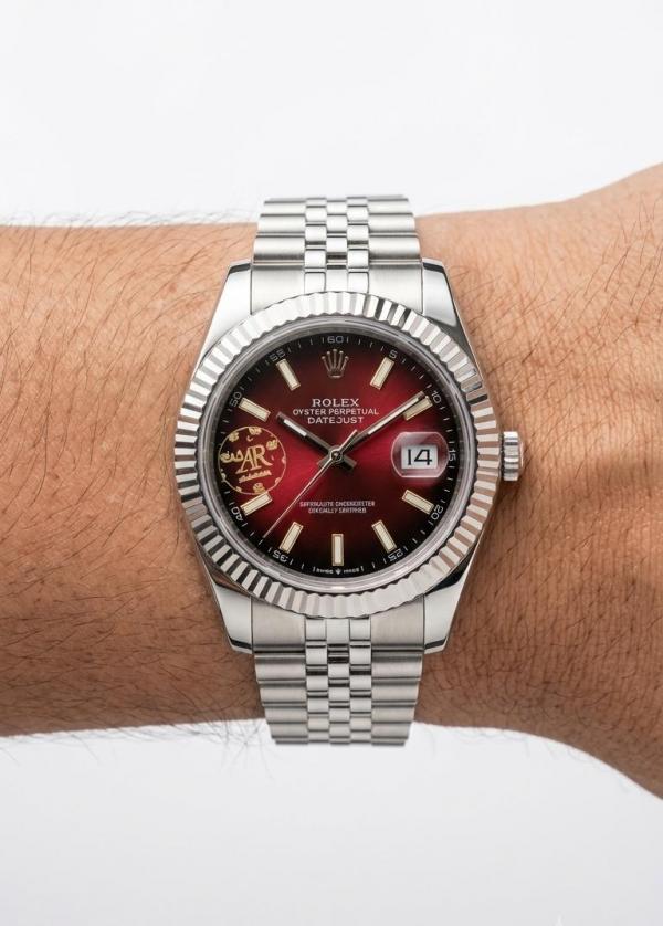 Roleex Date Just Japan Silver Red Sunburst Dial