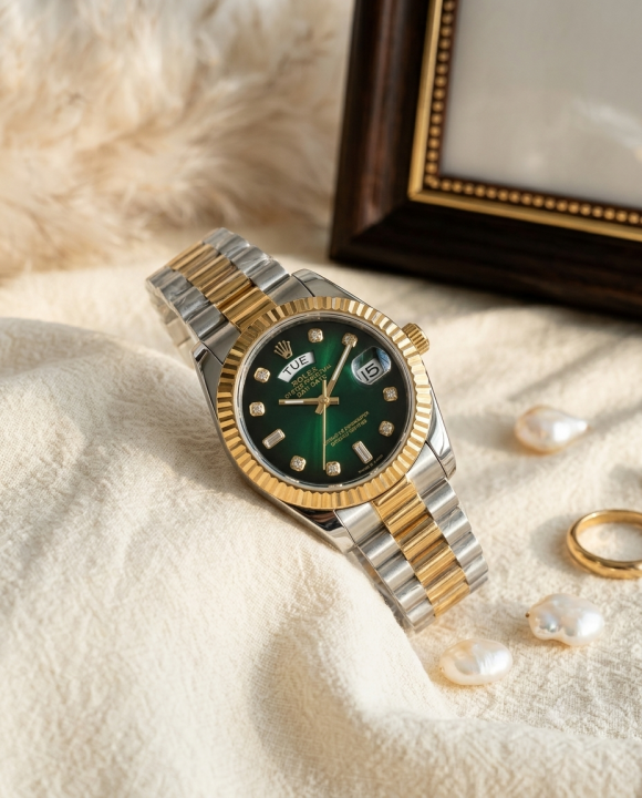 Rolee_x Oyster Perpetual Day Date Diamond 2Ton Gold-Green