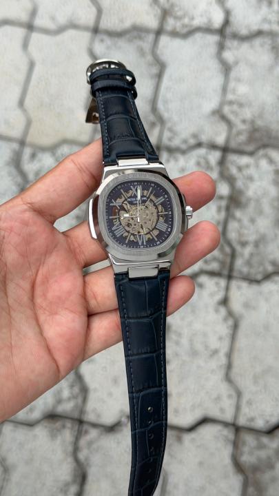Patee_k Philippe nautilus skeleton automatic open heart open back best premium leather Blue silver