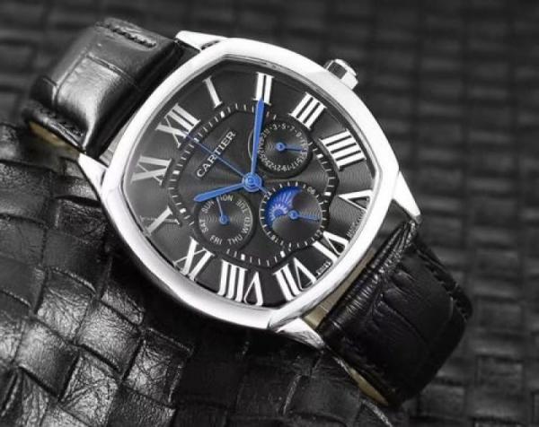 Cartieer  Sun Moon Black Leather Belt SIlver Black Dial AT428